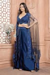 Aariyana Couture_Blue Hand Embroidered Floral Pattern Plunge V Neck Sheer Cape Draped Skirt Set _at_Aza_Fashions