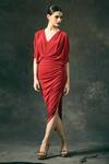 Shop_Mandira Wirk_Red V Neck Draped Midi Dress _at_Aza_Fashions