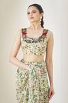 Shop_Anamika Khanna_Green Embroidered Floral Scoop Neck Scallop Cape And Printed Saree Set _Online_at_Aza_Fashions