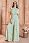 Buy_Aariyana Couture_Green Viscose Georgette Embroidered Floral Pattern Round Jumpsuit _at_Aza_Fashions