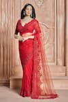 Shop_Aariyana Couture_Red Saree And Blouse-butterfly Net Embroidered Floral Scallop V Neck With Blouse _Online_at_Aza_Fashions