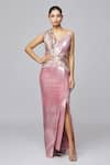 Buy Amit Aggarwal Pink Tulle Metallic Thread V-neck Floral Structured One Shoulder Gown at Aza Fashions Buy_Amit Aggarwal_Pink Tulle Metallic Thread V-neck Floral Structured One Shoulder Gown _at_Aza_Fashions