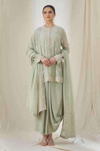 Buy_Anamika Khanna_Green Cotton Embroidery Round Neck Floral Tunic Skirt Set _at_Aza_Fashions