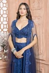 Shop_Aariyana Couture_Blue Hand Embroidered Floral Pattern Plunge V Neck Sheer Cape Draped Skirt Set 