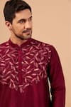 Hilo Design_Purple Silk, Cotton, Lycra Embroidery Leaf Motif Basik Kurta And Pant Set _Online_at_Aza_Fashions
