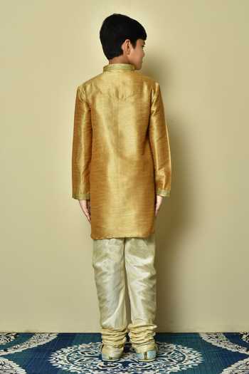 Shop_Petite Pomme_Gold Denim, Silk Embroidery Straight Hem Kurta And Churidar Set _at_Aza_Fashions