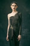 Mandira Wirk_Black Asymmetric One Shoulder Draped Embroidered Gown For Women_Online_at_Aza_Fashions