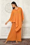 Buy_Aryavir Malhotra_Orange Pleated Georgette Solid Ruffled Neck Asymmetric Kurta And Flared Pant Set_at_Aza_Fashions