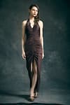 Mandira Wirk_Brown Halter Ruched Slit Gown For Women_Online_at_Aza_Fashions