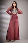 Buy_Pallavi Jaipur_Wine Pant Satin Blend, Top Lining Shantoon, Embroidered Peplum And Flared Set _at_Aza_Fashions