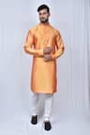 Buy_Adara Khan_Orange Art Silk Plain Band Collar Kurta Set_at_Aza_Fashions