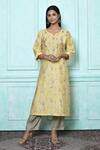 Buy_Adara Khan_Yellow Muslin Embroidered Floral Notched Kantha Kurta And Pant Set _at_Aza_Fashions