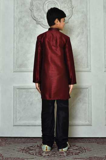 Shop_Petite Pomme_Maroon Cotton Embroidery Long Sleeved Kurta And Churidar Set _at_Aza_Fashions