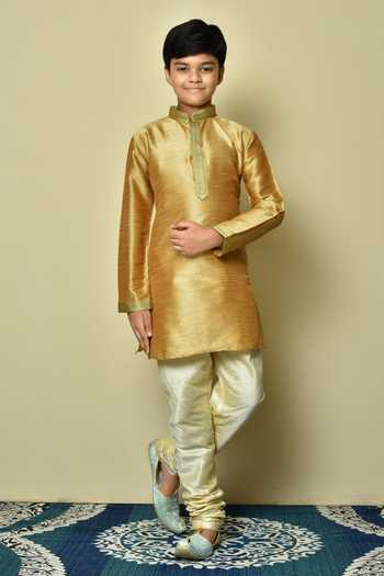 Buy_Petite Pomme_Gold Denim, Silk Embroidery Straight Hem Kurta And Churidar Set _at_Aza_Fashions
