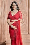 Aariyana Couture_Red Saree And Blouse-butterfly Net Embroidered Floral Scallop V Neck With Blouse _at_Aza_Fashions