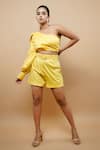 Buy_Ahi Clothing_Yellow 100% Cotton Plain Asymmetric Pleated Crop Top And Shorts Set _at_Aza_Fashions