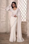 Shop_Aariyana Couture_Off White Saree Viscose Georgette Border With Bishop Sleeve Blouse _Online_at_Aza_Fashions