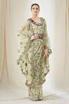 Buy_Anamika Khanna_Green Embroidered Floral Scoop Neck Scallop Cape And Printed Saree Set _at_Aza_Fashions