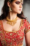 Tisha Saksena_Red Top And Lehenga Raw Silk Embroidered Applique Round Neck Hand Bridal Set _Online_at_Aza_Fashions