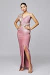 Shop Amit Aggarwal Pink Tulle Metallic Thread V-neck Floral Structured One Shoulder Gown Online at Aza Fashions Shop_Amit Aggarwal_Pink Tulle Metallic Thread V-neck Floral Structured One Shoulder Gown _Online_at_Aza_Fashions