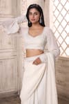 Buy_Aariyana Couture_Off White Saree Viscose Georgette Border With Bishop Sleeve Blouse _Online
