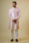 Shop_Hilo Design_Coral Dupion Silk And Cotton Lycra Embroidery Thread Mandarin Collar Kurta Set _at_Aza_Fashions