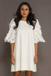 Shop_Deepika Arora_White Roma Cut Work And 3d Flowers Round Embroidered Balloon Sleeve Dress _at_Aza_Fashions