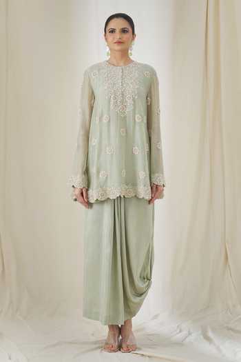 Anamika Khanna_Green Cotton Embroidery Round Neck Floral Tunic Skirt Set _at_Aza_Fashions