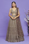 Buy_Neha Mehta Couture_Grey Lucknowi Embroidery Sequin V Neck Lehenga Set _at_Aza_Fashions