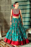 Shop_Shachi Sood_Blue Dupion Silk Print And Embroidery Floral Round Yoke Blouse And Lehenga Set _at_Aza_Fashions