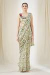 Anamika Khanna_Green Embroidered Floral Scoop Neck Scallop Cape And Printed Saree Set _at_Aza_Fashions