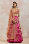 Buy_AUM by Asit and Ashima_Fuchsia Blouse And Lehenga Silk & Dupatta Organza Embroidery Mirror V Neck Set _at_Aza_Fashions