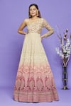 Buy_Neha Mehta Couture_Pink Lucknowi Embroidery Sequin One Shoulder Ombre Gown _at_Aza_Fashions