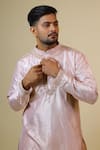 Shop_Hilo Design_Coral Dupion Silk And Cotton Lycra Embroidery Thread Mandarin Collar Kurta Set _Online_at_Aza_Fashions