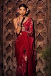 Shop_Awigna_Fuchsia Blouse Crepe Printed Floral V Neck Chandrika Saree With_at_Aza_Fashions