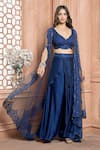 Buy_Aariyana Couture_Blue Hand Embroidered Floral Pattern Plunge V Neck Sheer Cape Draped Skirt Set _at_Aza_Fashions