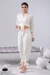 Buy_Kacha Tanka_Ivory Cotton Voile Embroidery Thread Front Knotted Crop Top And Dhoti Pant Set _at_Aza_Fashions