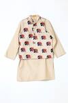 Shop_Shruti Jalan_Beige Cotton, Satin, Kota Doria Elephant Print Bundi And Kurta Set _at_Aza_Fashions