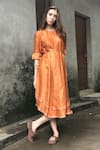 I am Design_Orange Satin Linen Round Silk Embellished Kurta And Pant Set _Online_at_Aza_Fashions