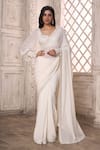 Buy_Aariyana Couture_Off White Saree Viscose Georgette Border With Bishop Sleeve Blouse _at_Aza_Fashions
