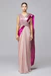 Amit Aggarwal_Fuchsia Chiffon Embroidered Striped V Neck Metallic Draped Gown  _at_Aza_Fashions