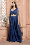 Shop_Aariyana Couture_Blue Hand Embroidered Floral Pattern Plunge V Neck Sheer Cape Draped Skirt Set _Online_at_Aza_Fashions