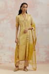 Buy_AUM by Asit and Ashima_Yellow Organza Embroidery Geometric Mandarin Collar Straight Kurta Set  _at_Aza_Fashions