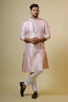 Buy_Hilo Design_Coral Dupion Silk And Cotton Lycra Embroidery Thread Mandarin Collar Kurta Set _at_Aza_Fashions