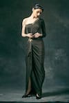 Shop_Mandira Wirk_Black Asymmetric One Shoulder Draped Embroidered Gown For Women_at_Aza_Fashions