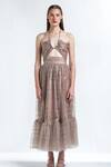 Buy_Therealb_Beige Polyester Sequin Halter Neck Trance Embroidered Top And Skirt Set _at_Aza_Fashions