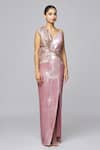 Amit Aggarwal Pink Tulle Metallic Thread V-neck Floral Structured One Shoulder Gown Online at Aza Fashions Amit Aggarwal_Pink Tulle Metallic Thread V-neck Floral Structured One Shoulder Gown _Online_at_Aza_Fashions