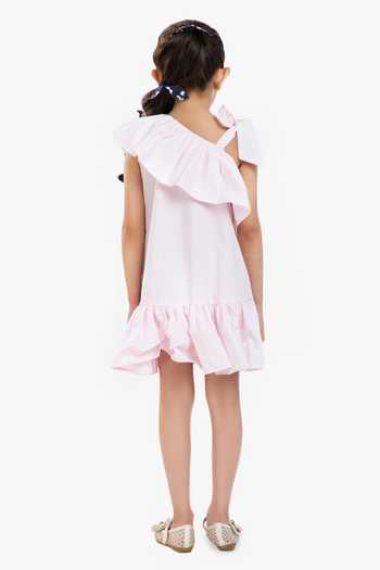 Shop_Byb Premium_Pink Cotton, Poplin Ruffled Neckline Dress _at_Aza_Fashions