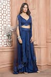 Buy_Aariyana Couture_Blue Hand Embroidered Floral Pattern Plunge V Neck Sheer Cape Draped Skirt Set 