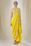 Buy_Anamika Khanna_Yellow Floral Embroidered Cape And Draped Skirt Set_Online_at_Aza_Fashions